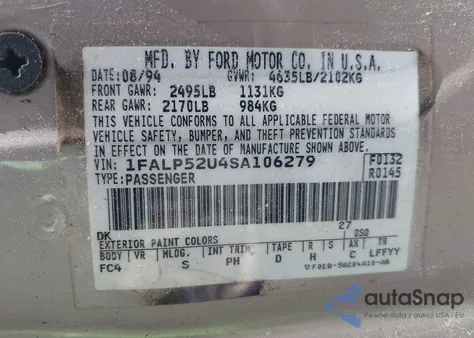 1995 Ford Taurus Gl/Se z USA, uszkodzony, nr VIN 1FALP52U4SA106279